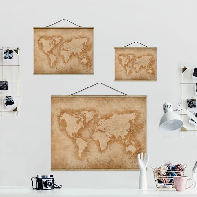 Fabric print with posters hangers Antique World Map