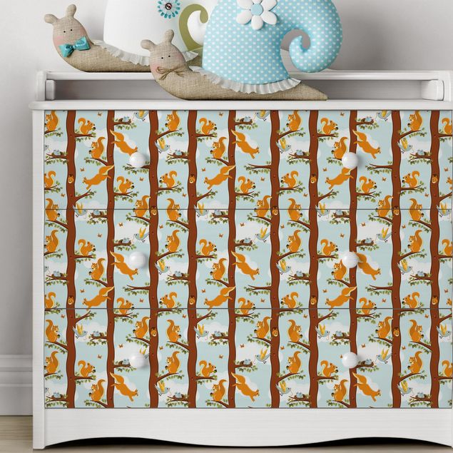 Adhesive films frosted Cute Kids Pattern With Squirrels And Baby Birds