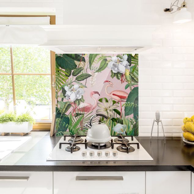 Glass splashback flower Tropical Flamingos With Plants In Pink