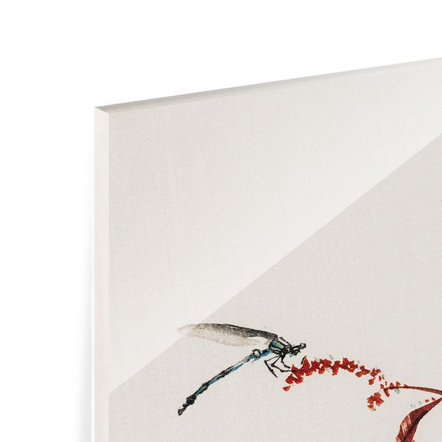 Glass Splashback - Asian Vintage Drawing Red Branch With Dragonfly - Panoramic