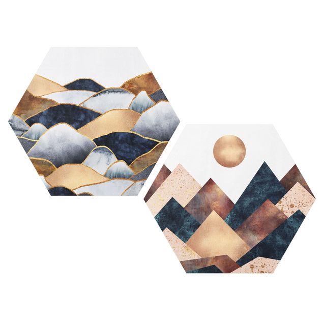 Prints modern Geometric & Golden Mountains Watercolour