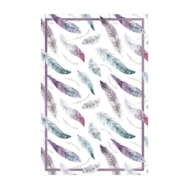 purple area rugs Boho Watercolour Feathers In Aubergine And Petrol Colour With Frame