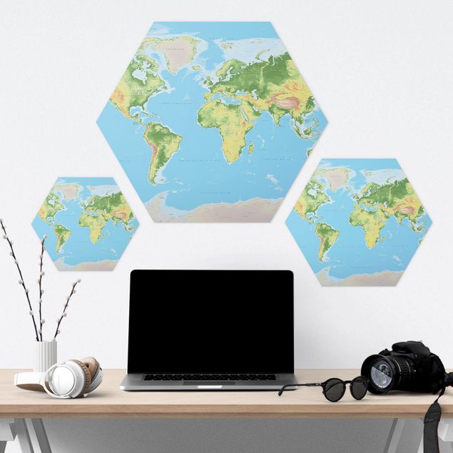 Alu-Dibond hexagon - Physical World Map