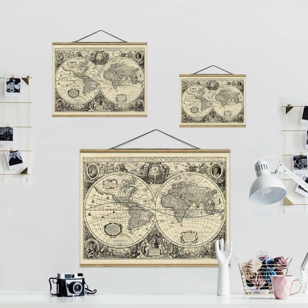 Fabric print with posters hangers Vintage World Map Antique Illustration