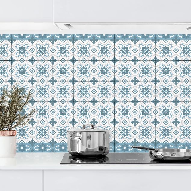 Kitchen Geometrical Tile Mix Flower Blue Grey