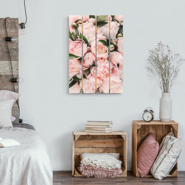 Wood prints flower Pink Peonies With Leaves