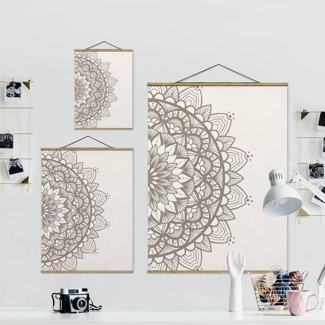Fabric print with posters hangers Mandala Illustration Shabby Beige White