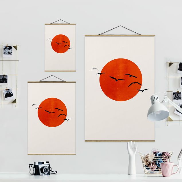 Red art prints Flock Of Birds In Front Of Red Sun I