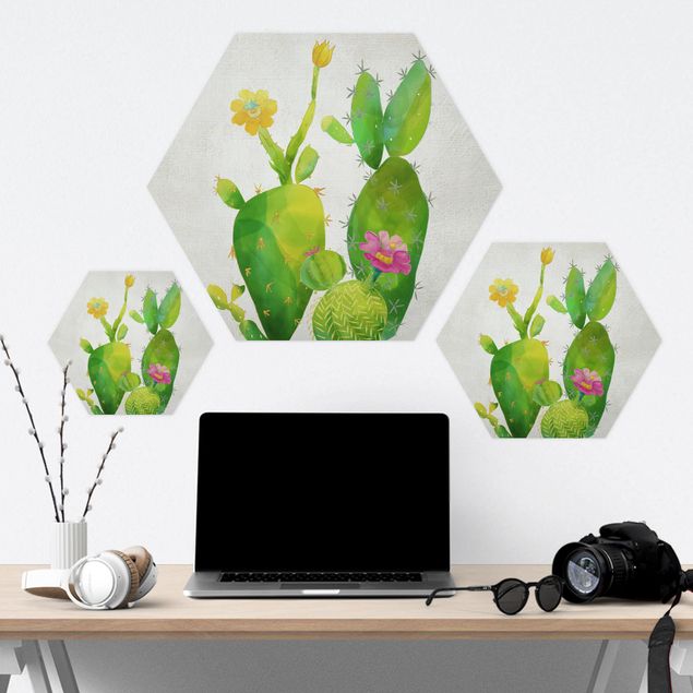 Hexagonal prints Cactus Family In Pink And Yellow