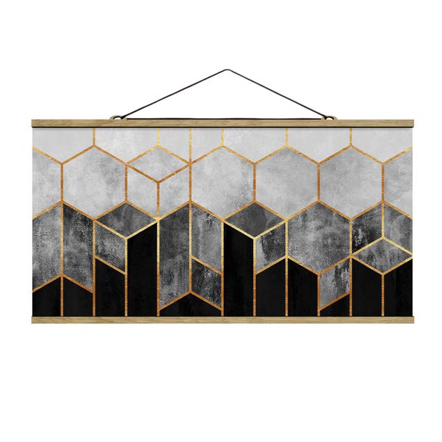 Contemporary art prints Golden Hexagons Black And White