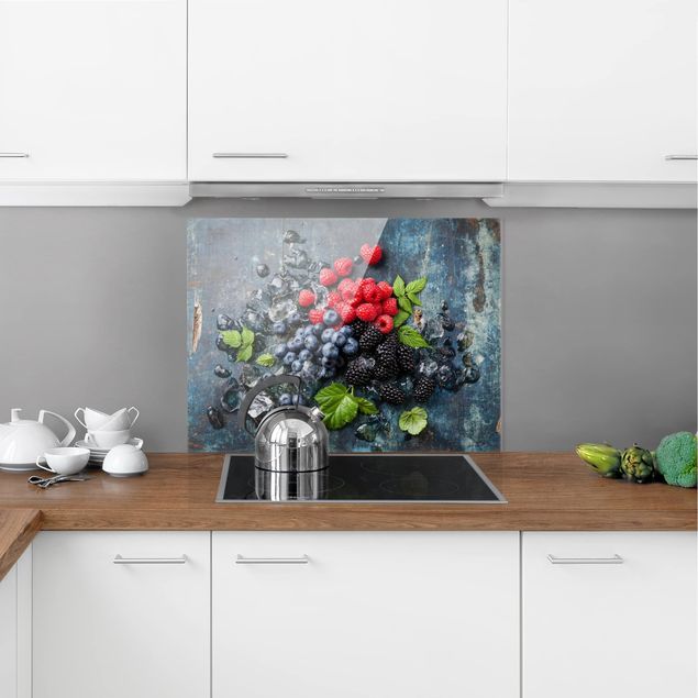 Glass splashback fruits and vegetables Berry Mix With Ice Cubes Wood