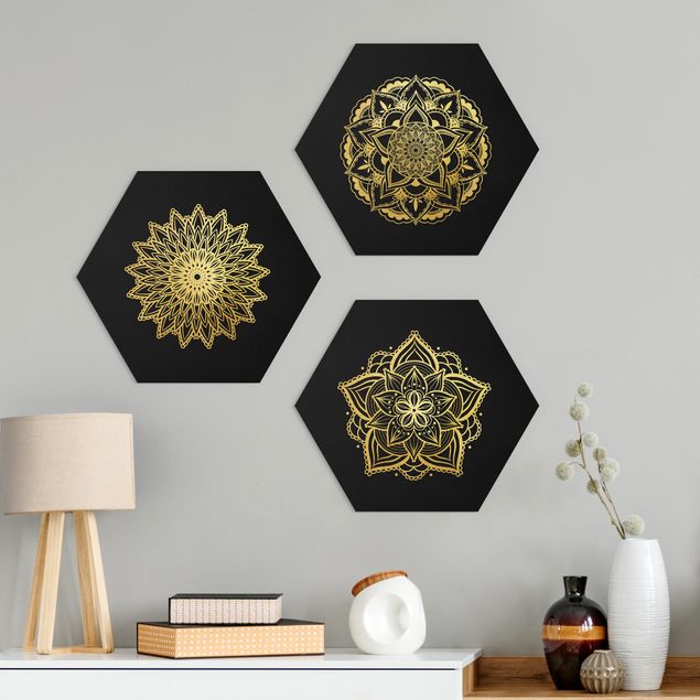 Kitchen Mandala Flower Sun Illustration Set Black Gold