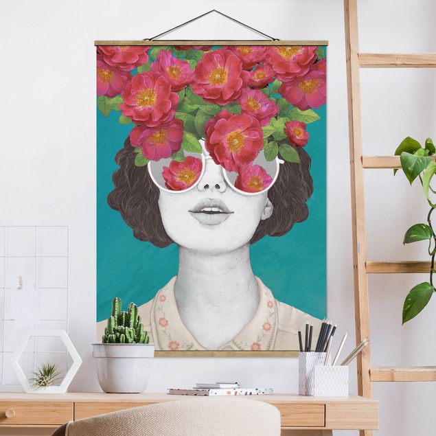 Kitchen Illustration Portrait Woman Collage With Flowers Glasses