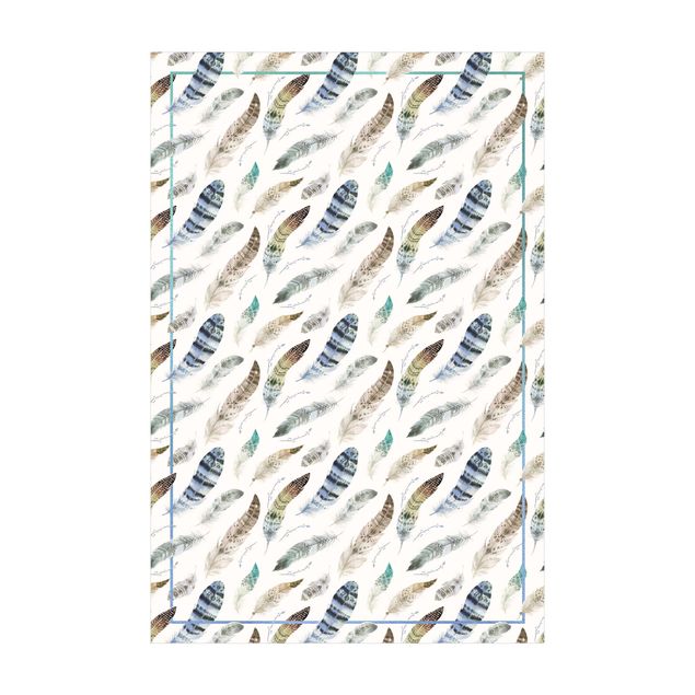Blue rugs Boho Watercolour Feathers In Earthy Colours With Frame