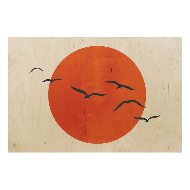 Wood prints landscape Flock Of Birds In Front Of Red Sun I