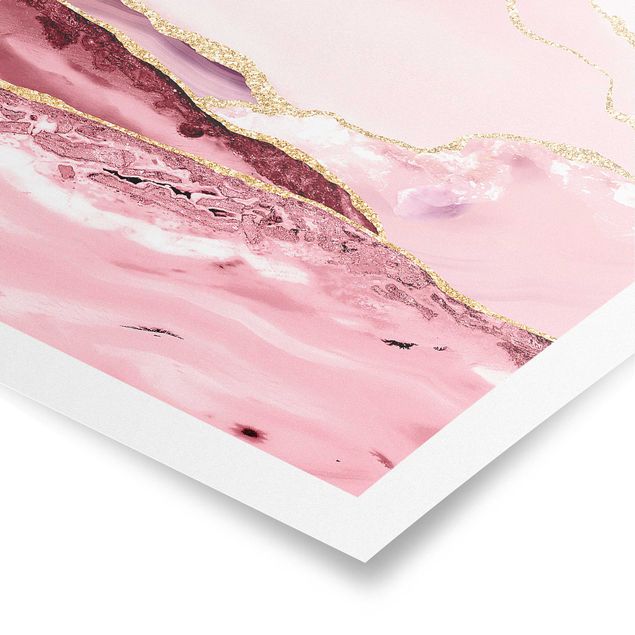 Abstract art prints Abstract Mountains Pink With Golden Lines