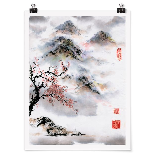 Trees on canvas Japanese Watercolour Drawing Cherry Tree And Mountains