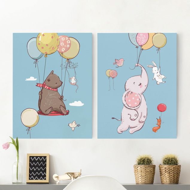 Bear art prints Cute Animals Fly On Balloon