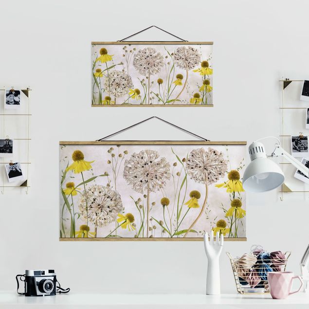 Fabric print with posters hangers Allium And Helenium Illustration