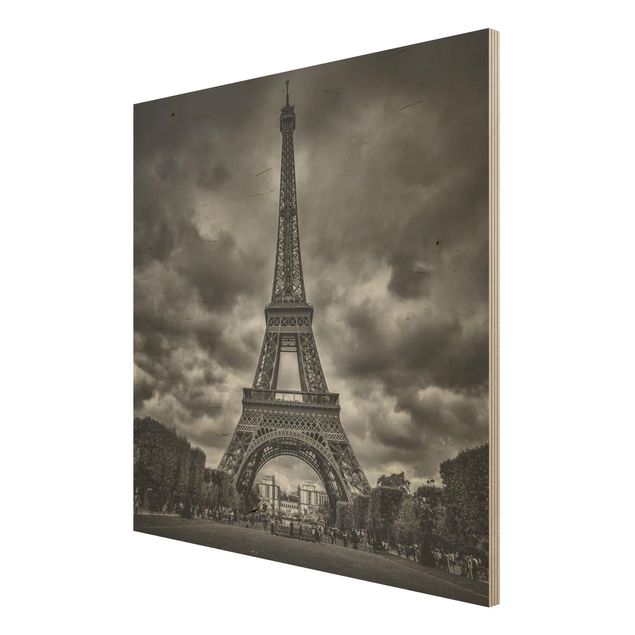 Wood prints Eiffel Tower In Front Of Clouds In Black And White