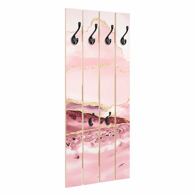 Wall coat rack Abstract Mountains Pink With Golden Lines
