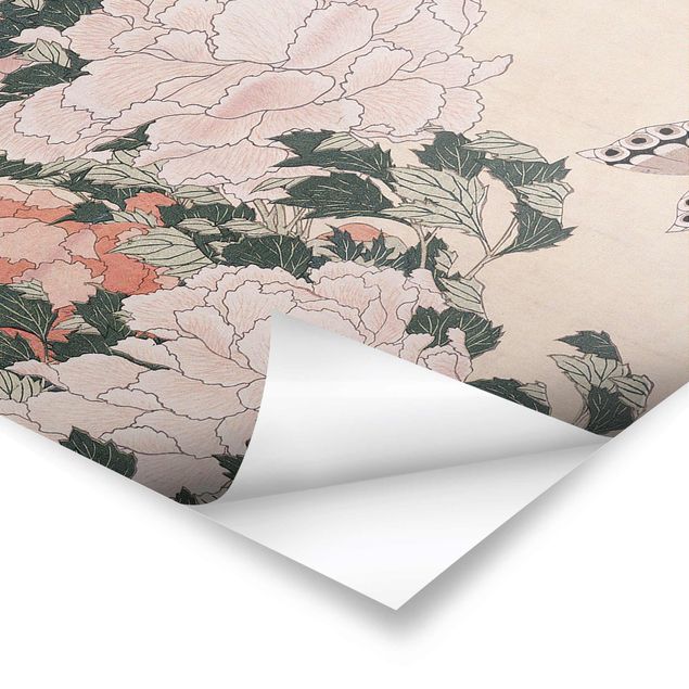 Prints pink Katsushika Hokusai - Pink Peonies With Butterfly