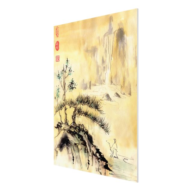 Mountain wall art Japanese Watercolour Drawing Cedars And Mountains