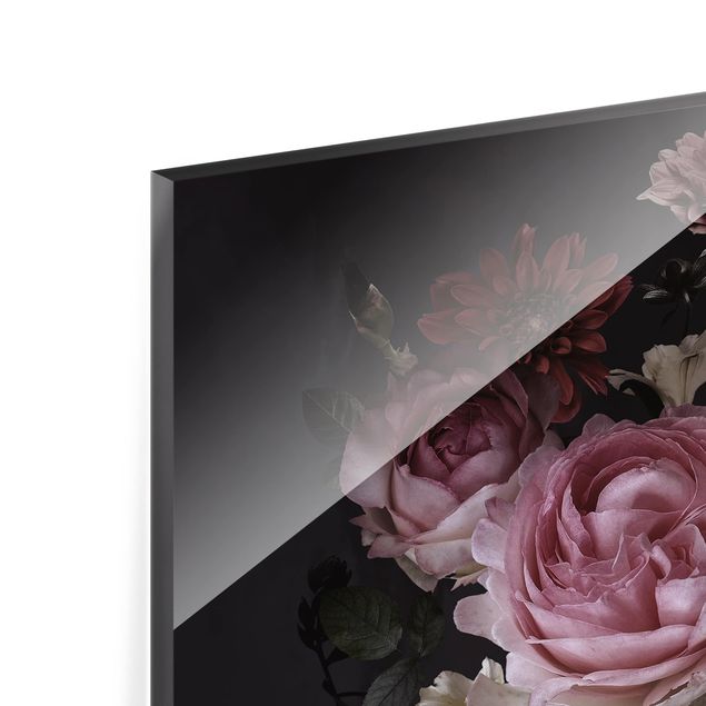 Glass Splashback - Pink Flowers On Black - Landscape 3:4