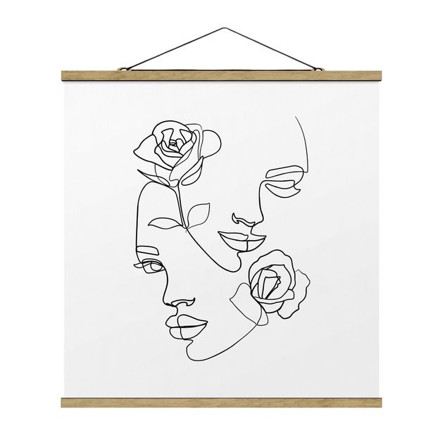 Flower print Line Art Faces Women Roses Black And White