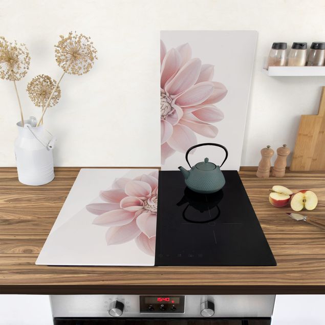 Glass stove top cover Dahlia Flower Pastel White Pink