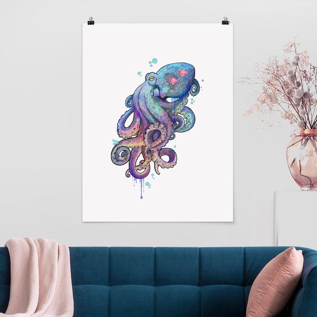 Prints fishes Illustration Octopus Violet Turquoise Painting