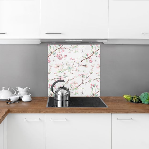 Patterned glass splashbacks Watercolour Branches Of Apple Blossom In Light Pink And White