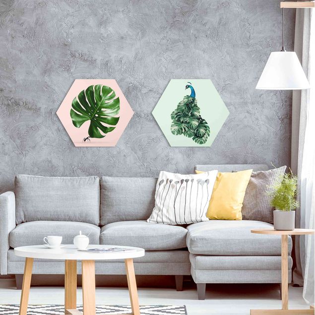 Animal wall art Ant And Peacock Monstera Leaves