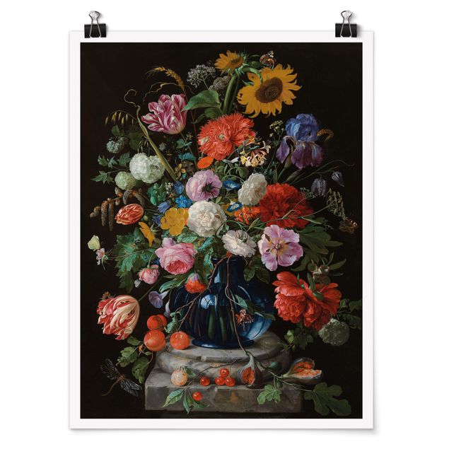 Art posters Jan Davidsz de Heem - Tulips, a Sunflower, an Iris and other Flowers in a Glass Vase on the Marble Base of a Column