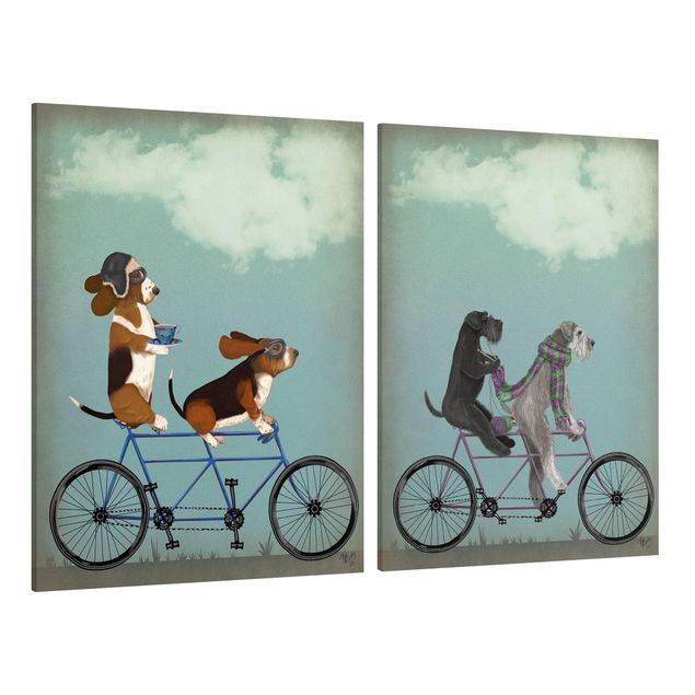 Dog canvas art Cycling - Bassets And Schnauzer Tandem Set II
