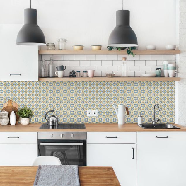 Kitchen splashback tiles Floral Tiles Blue Yellow