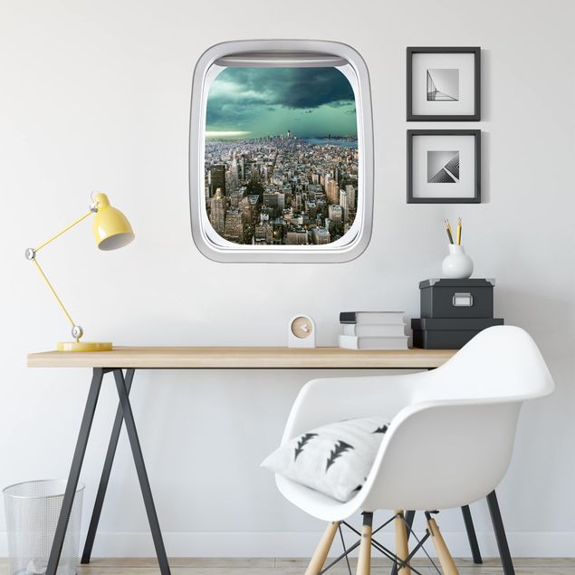 Wall stickers city ​​names Aircraft Window Skyline New York In The Storm