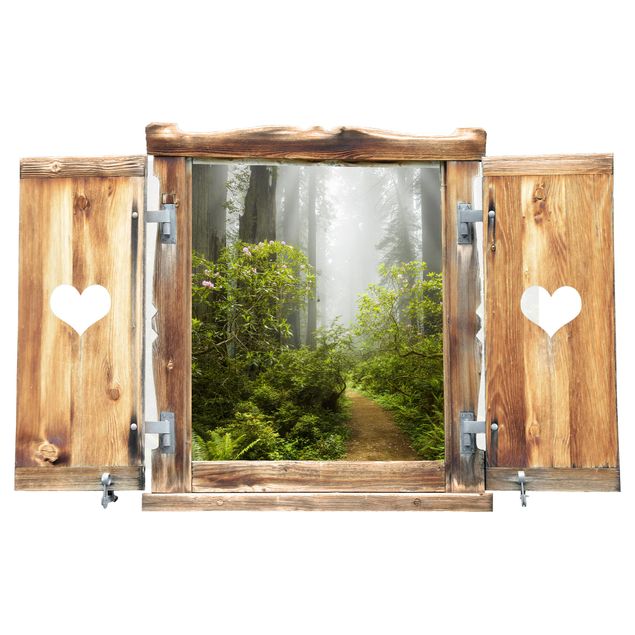 3d wallpaper sticker Misty Window With Heart Forest Path