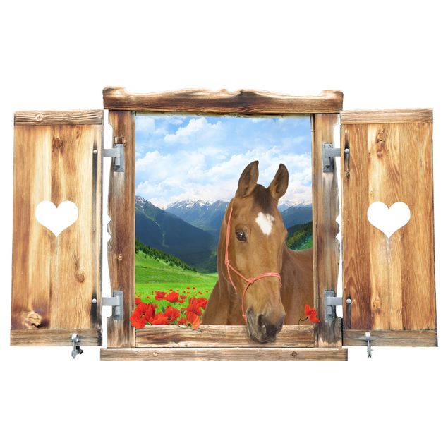 Wall stickers flower Window With Heart And Horse Alpine Meadow