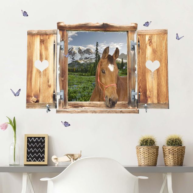 Horse wall decal Window With Heart And Horse Mountains Meadow Path