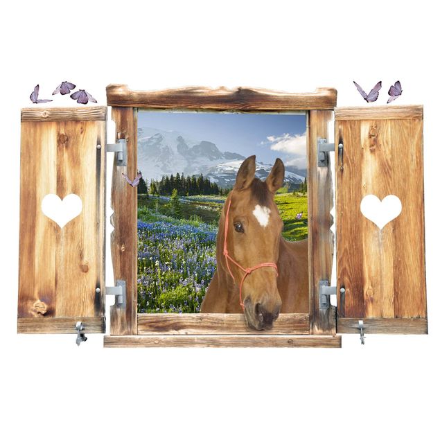 Flower wall decals Window With Heart And Horse Mountain Meadow With Flowers