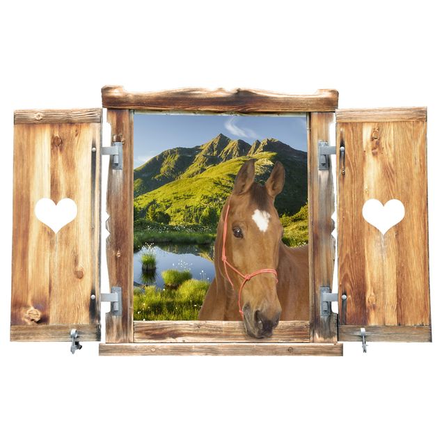 Wall stickers 3d Window With Heart And Horse Looking Into Defereggental