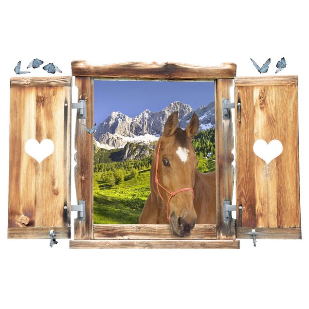 3d wallpaper sticker Window With Heart And Horse Styria Alpine Meadow