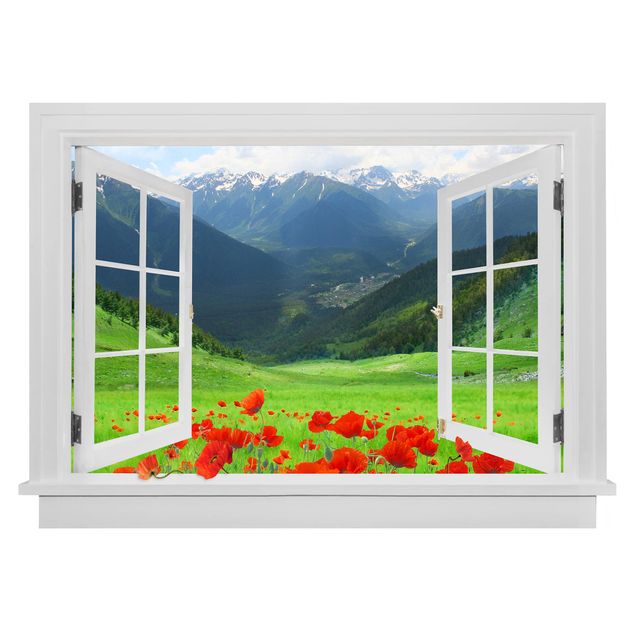 Wall stickers 3d Open Window Alpine Meadow And Poppies