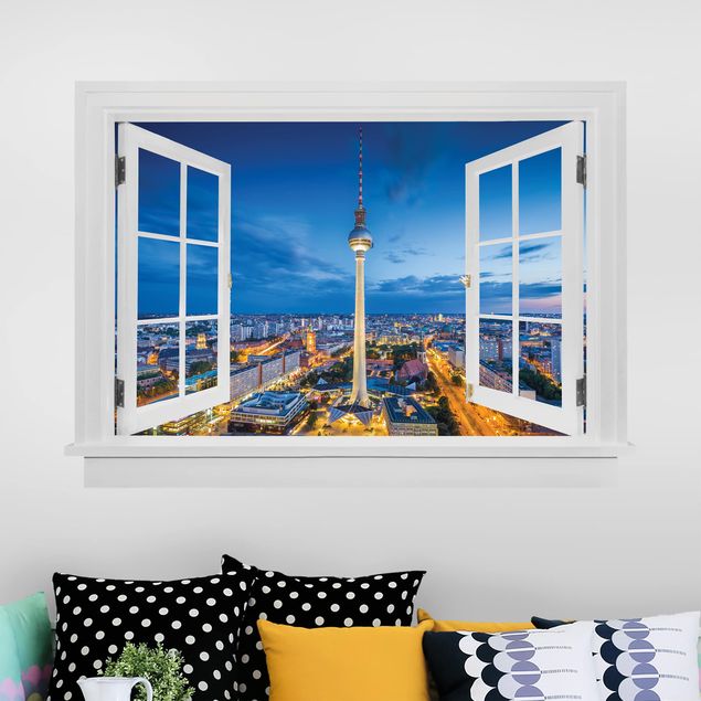 Wall stickers city ​​names Open Window Berlin Skyline At Night With Television Tower