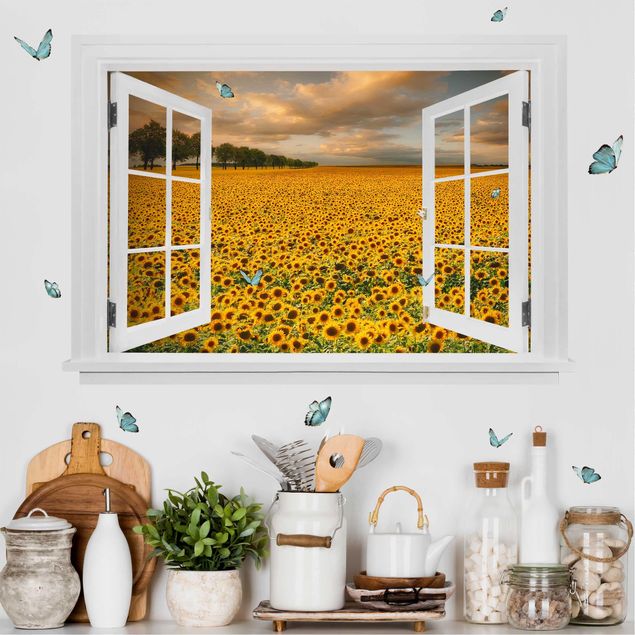 Kitchen Open Window Field With Sunflowers