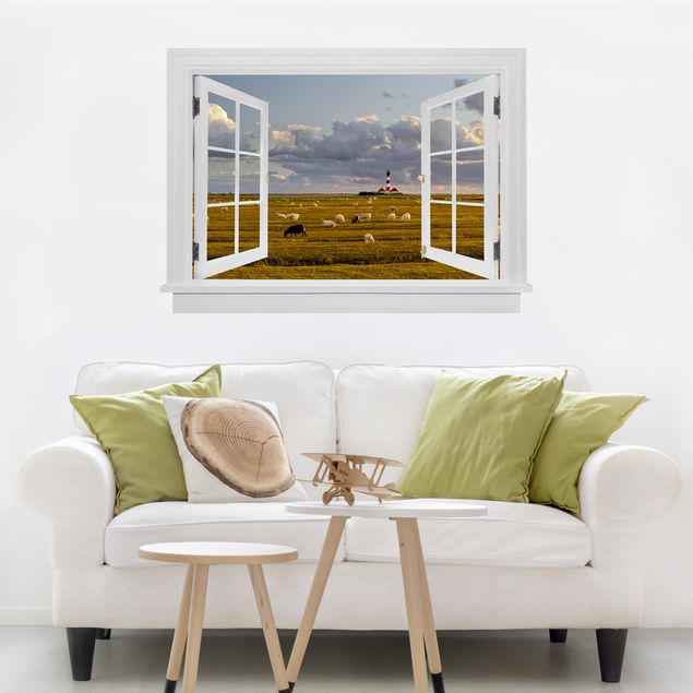 Wall stickers island Open Window North Sea Lighthouse With Sheep Herd