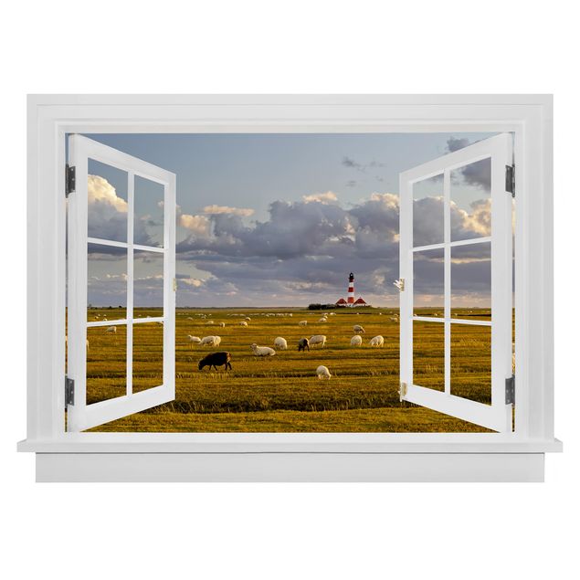 Wall stickers 3d Open Window North Sea Lighthouse With Sheep Herd
