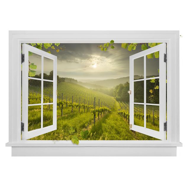 Wall stickers 3d Open Window Sun Rays Vineyard With Vines And Grapes