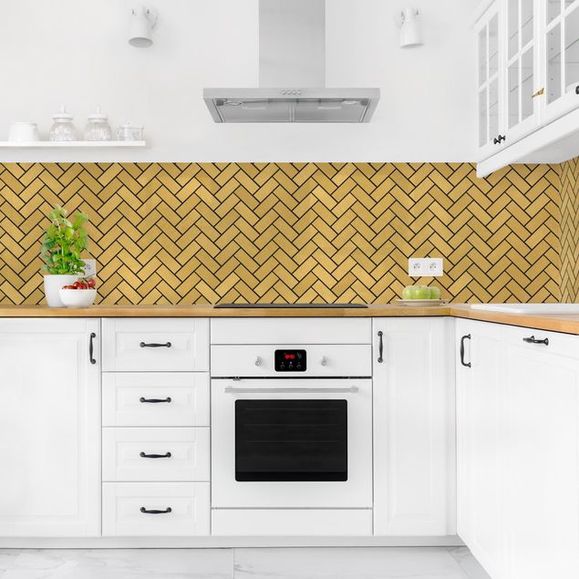 Kitchen splashback tiles Fish Bone Tiles - Golden Look Black Joints